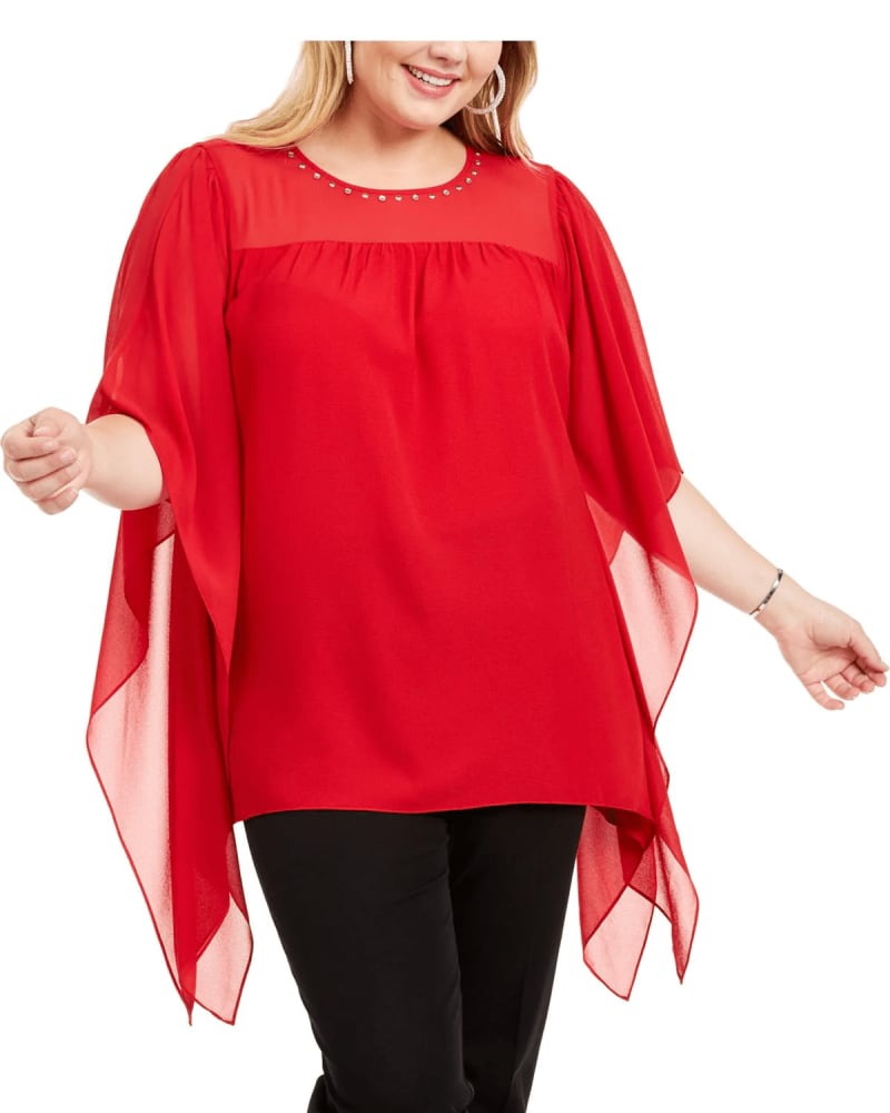 Front of a model wearing a size 2X Michael Kors Women's Plus Sheer Cascade Top Red Size 2X in Red by Michael Kors. | dia_product_style_image_id:311242